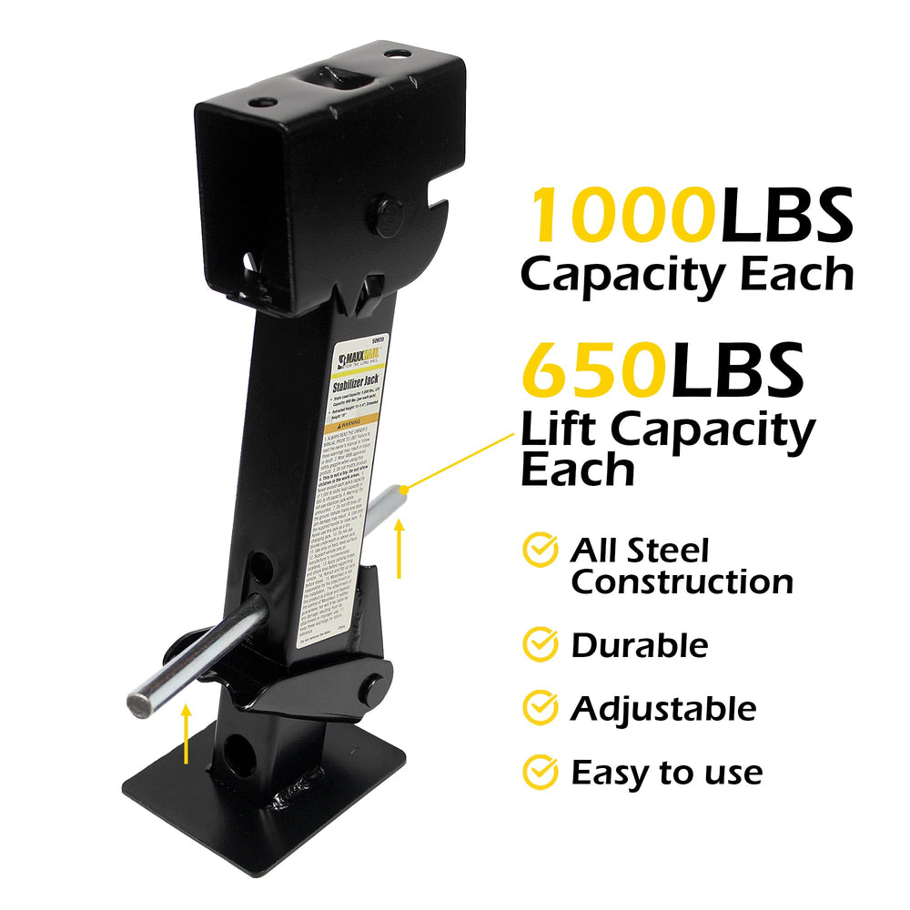 MaxxHaul 50970 stabilizer jack collapsed to 12 inches for compact storage.