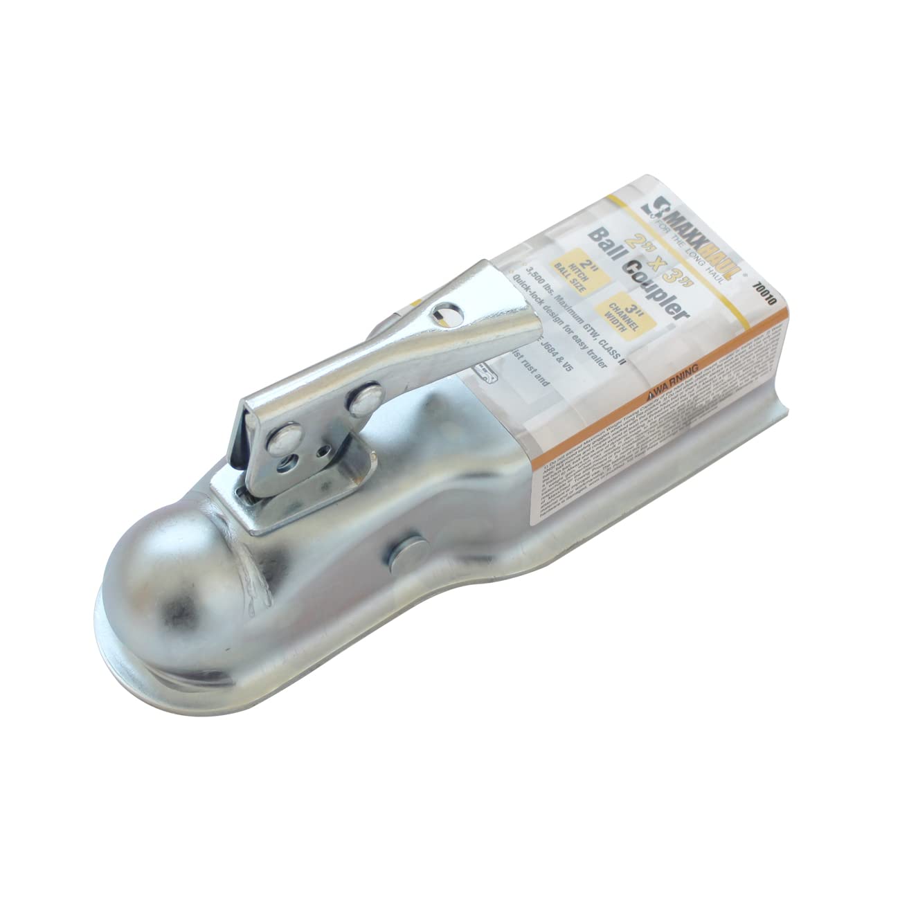MaxxHaul 70010 straight tongue coupler close-up on die-cut steel for lasting corrosion resistance.