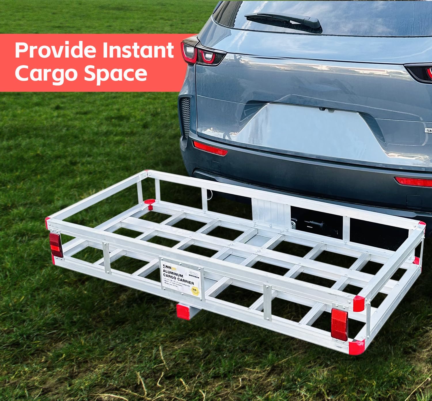 MaxxHaul cargo carrier hitch attachment shown on a 2-inch receiver for quick mounting