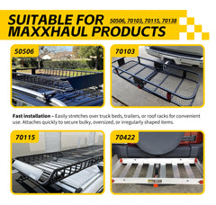 MAXXHAUL cargo net stretched to 72x120 secures bulky gear during travel.