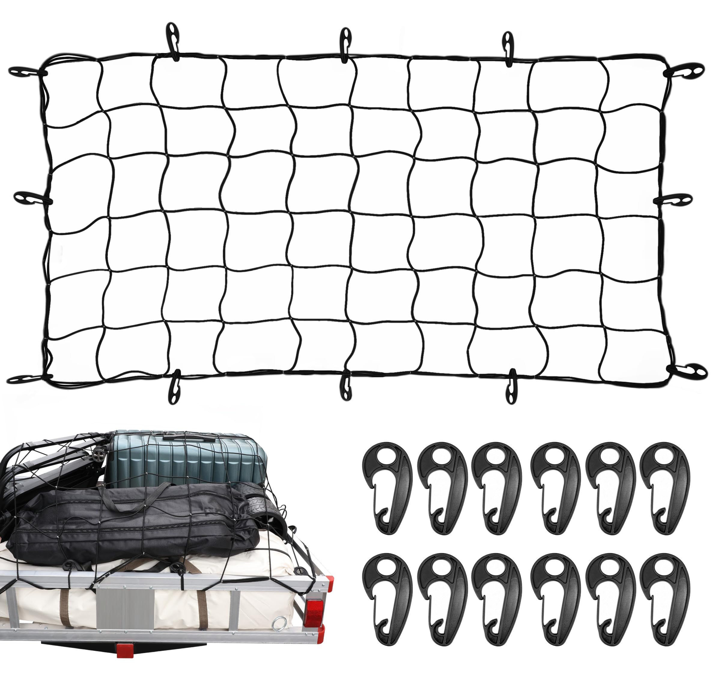 MAXXHAUL cargo net shows 36x60 unstretched coverage securing large loads on a truck bed.