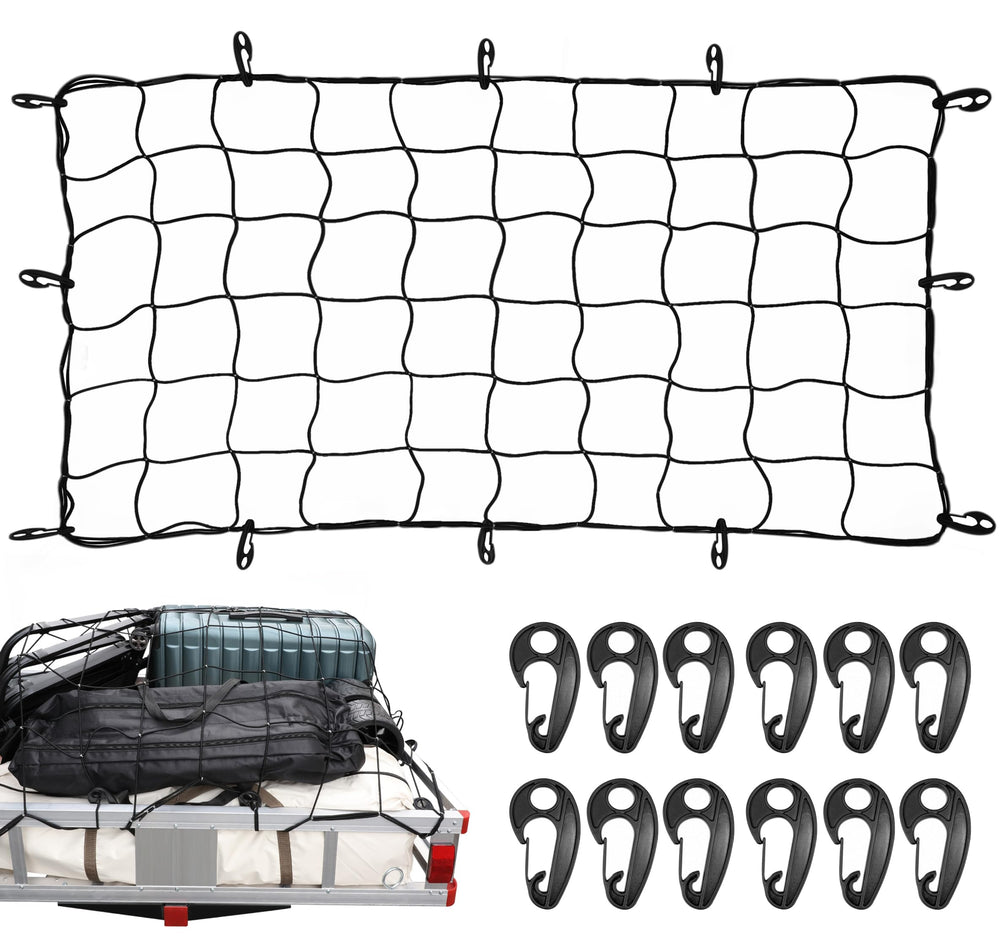 MAXXHAUL cargo net shows 36x60 unstretched coverage securing large loads on a truck bed.