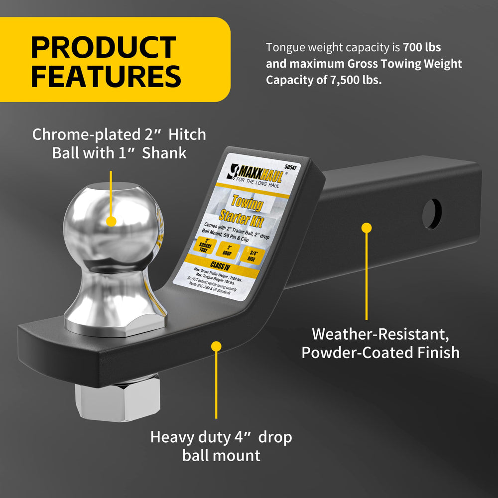MAXXHAUL chrome 2-inch hitch ball with 1-inch shank for secure, smooth towing