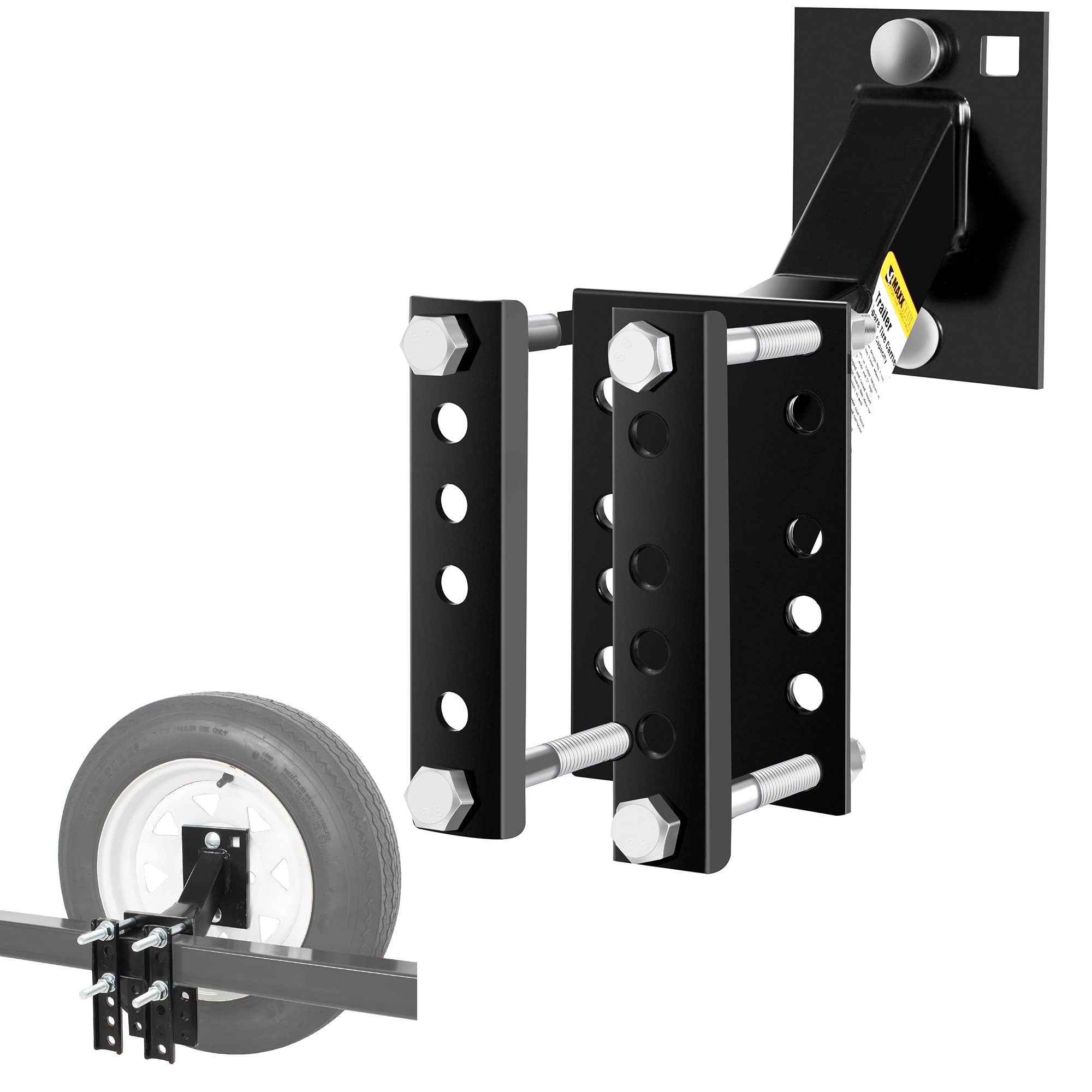 MAXXHAUL spare tire carrier on the tongue mount keeps 10–12 inch tires accessible on trailers.