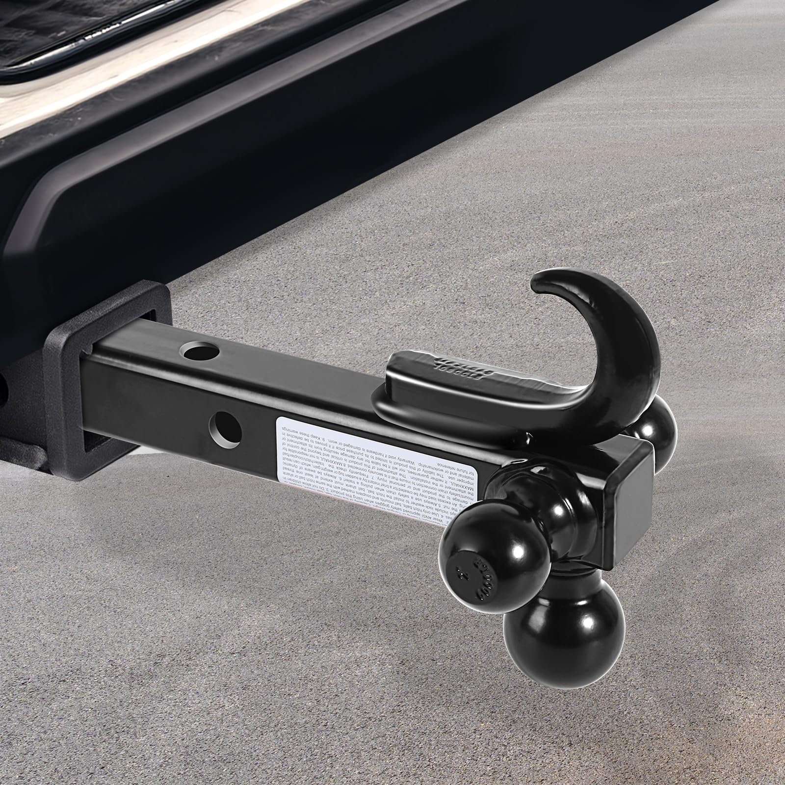 MAXXHAUL triple ball mount shows integrated tow hook for recovery and strap-based towing.