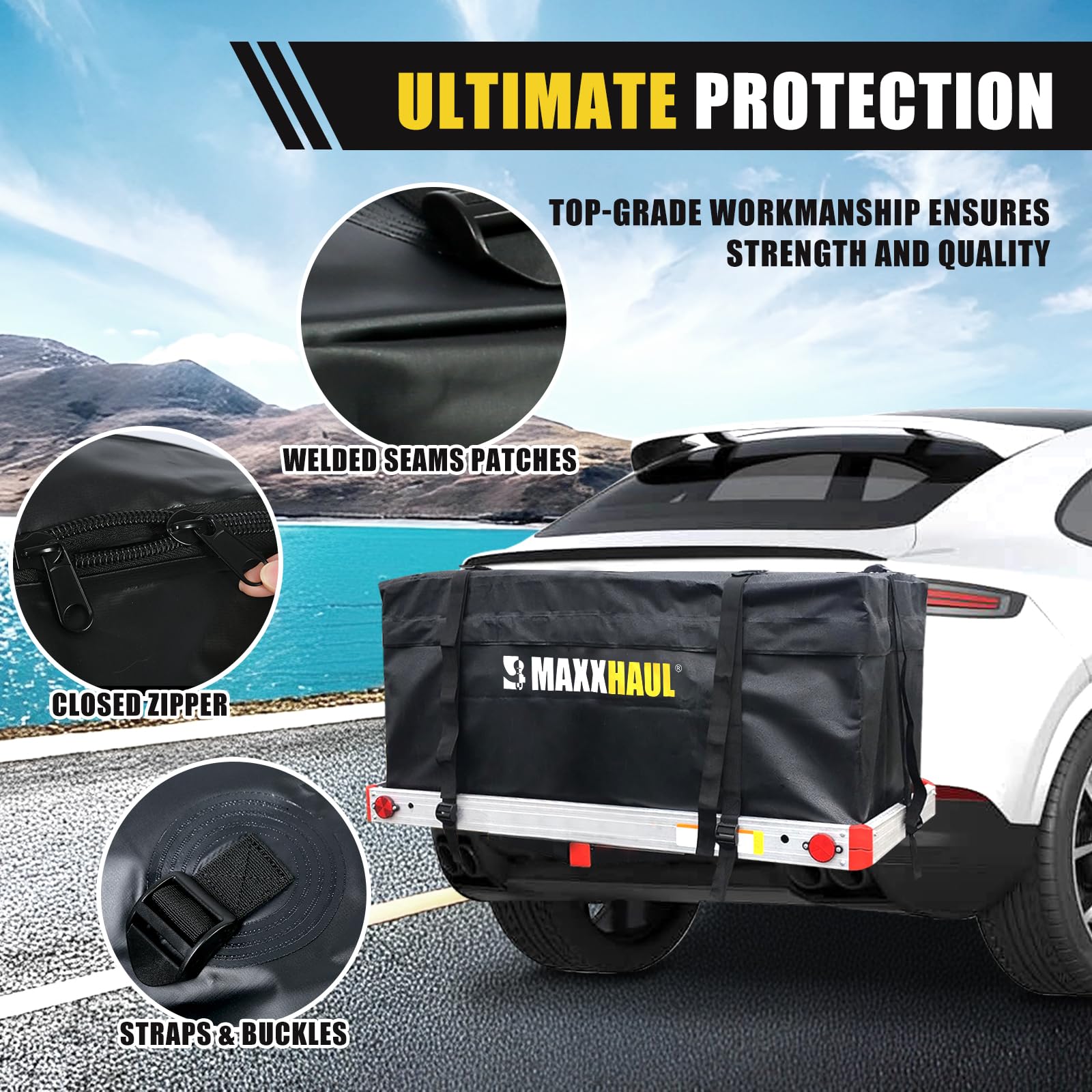 MAXXHAUL water-resistant material close-up highlighting UV coating and durability.