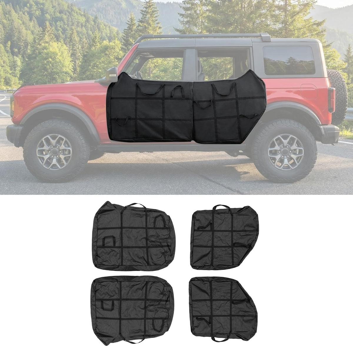 Maxzina Bronco door bags full set showing organized protection for all four doors.