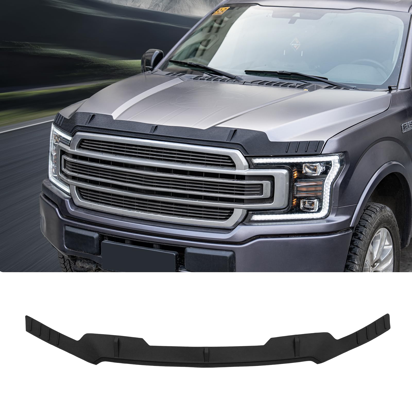 Maxzina hood protector installed on Ford F-150 curved hood to deflect debris.
