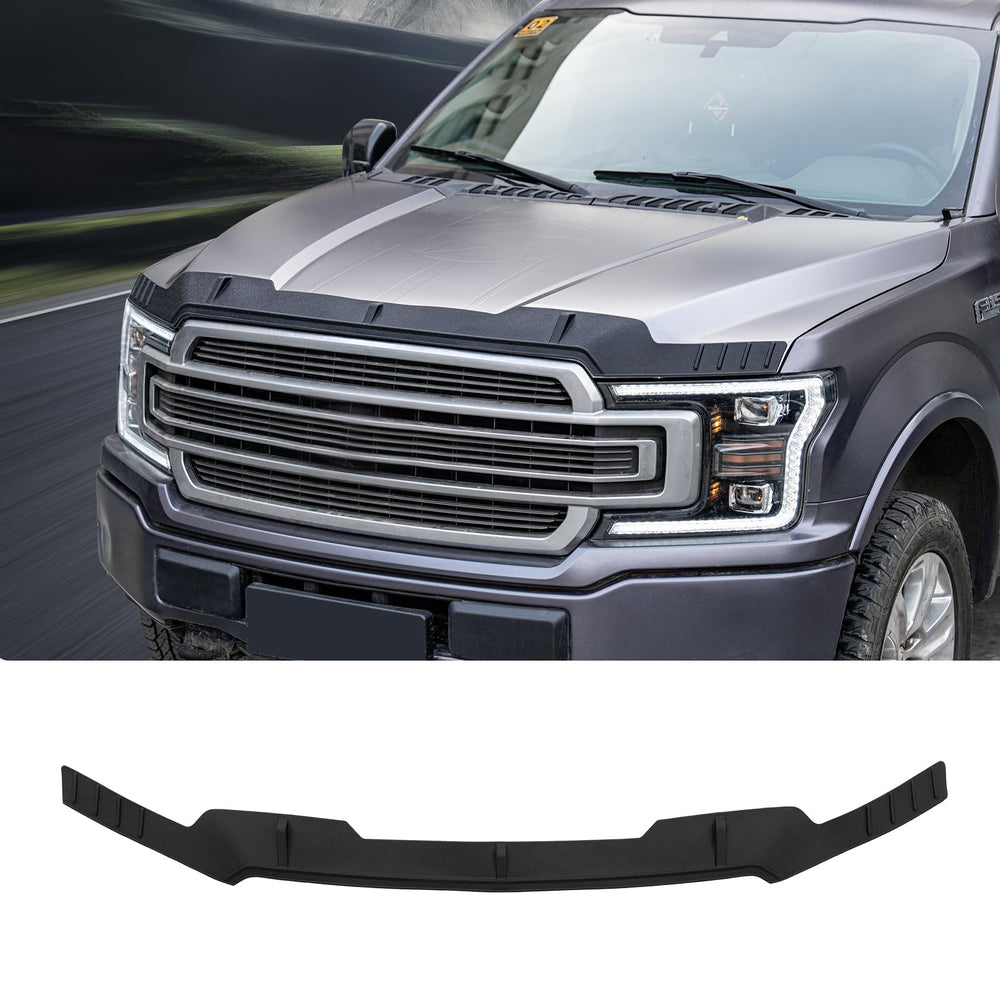 Maxzina hood protector installed on Ford F-150 curved hood to deflect debris.