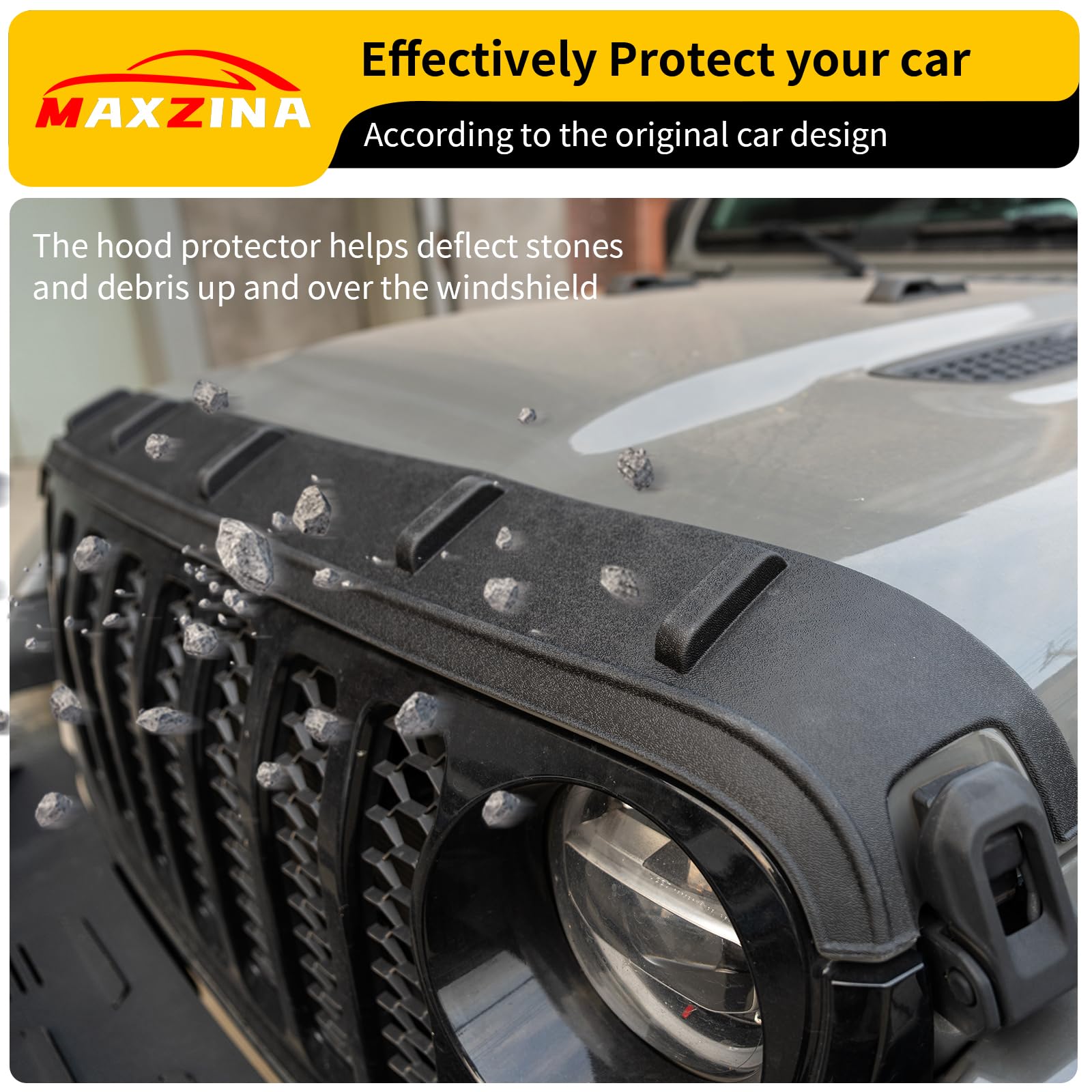 Maxzina hood protector deflects debris on off-road trails to protect surfaces.
