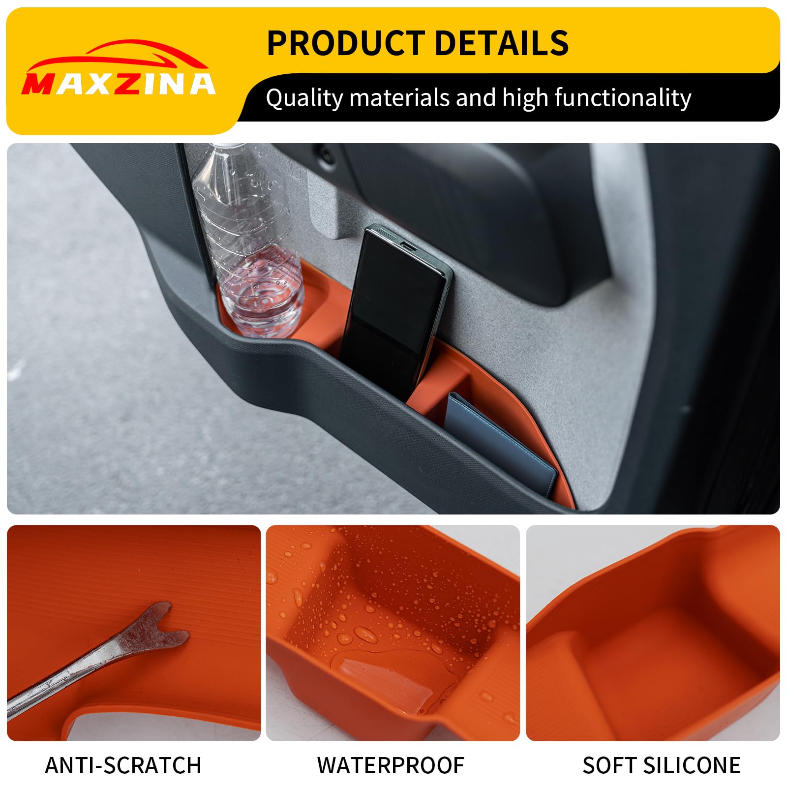 Maxzina Maverick interior organization showing vibrant orange trays