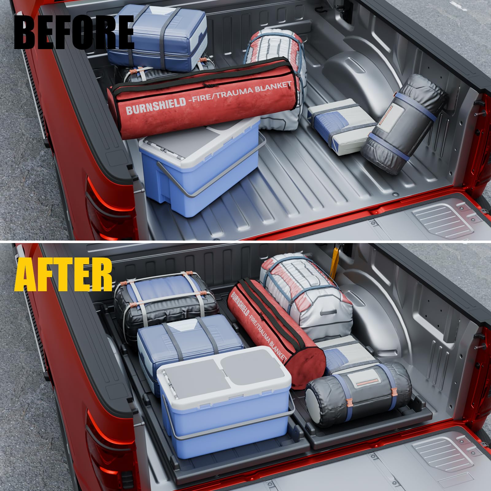 Maxzina slide-out tray installed in a Silverado bed, maximizing accessible storage.