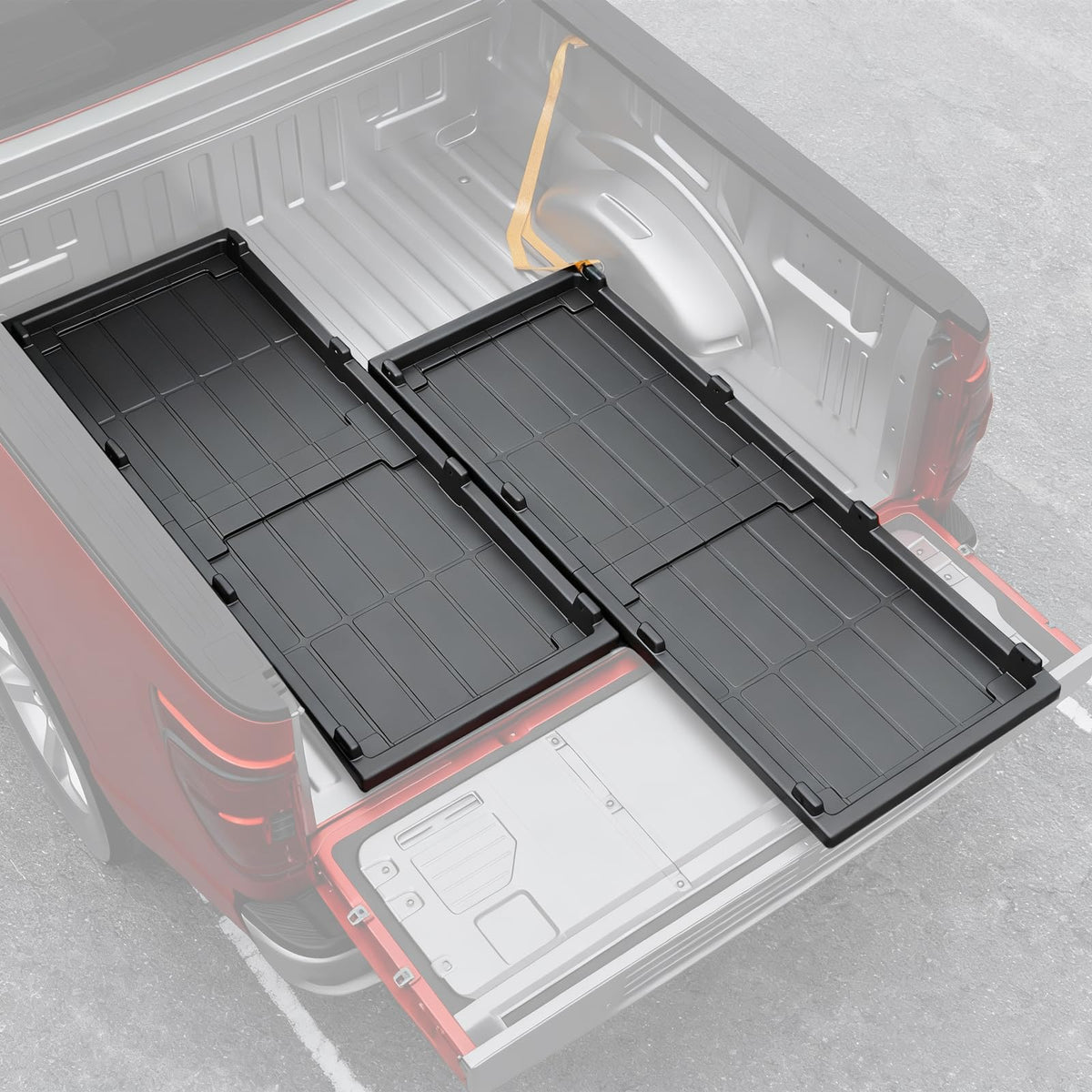 Maxzina slide-out tray on a pickup bed, organized tools at a glance.
