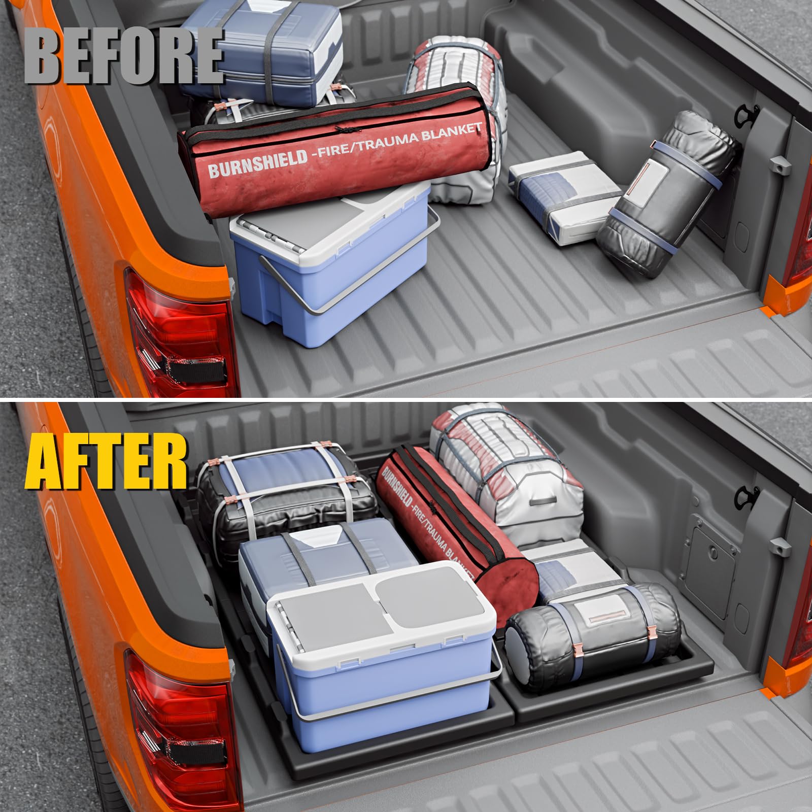 Maxzina slide-out tray installed in truck bed showing full-width access.