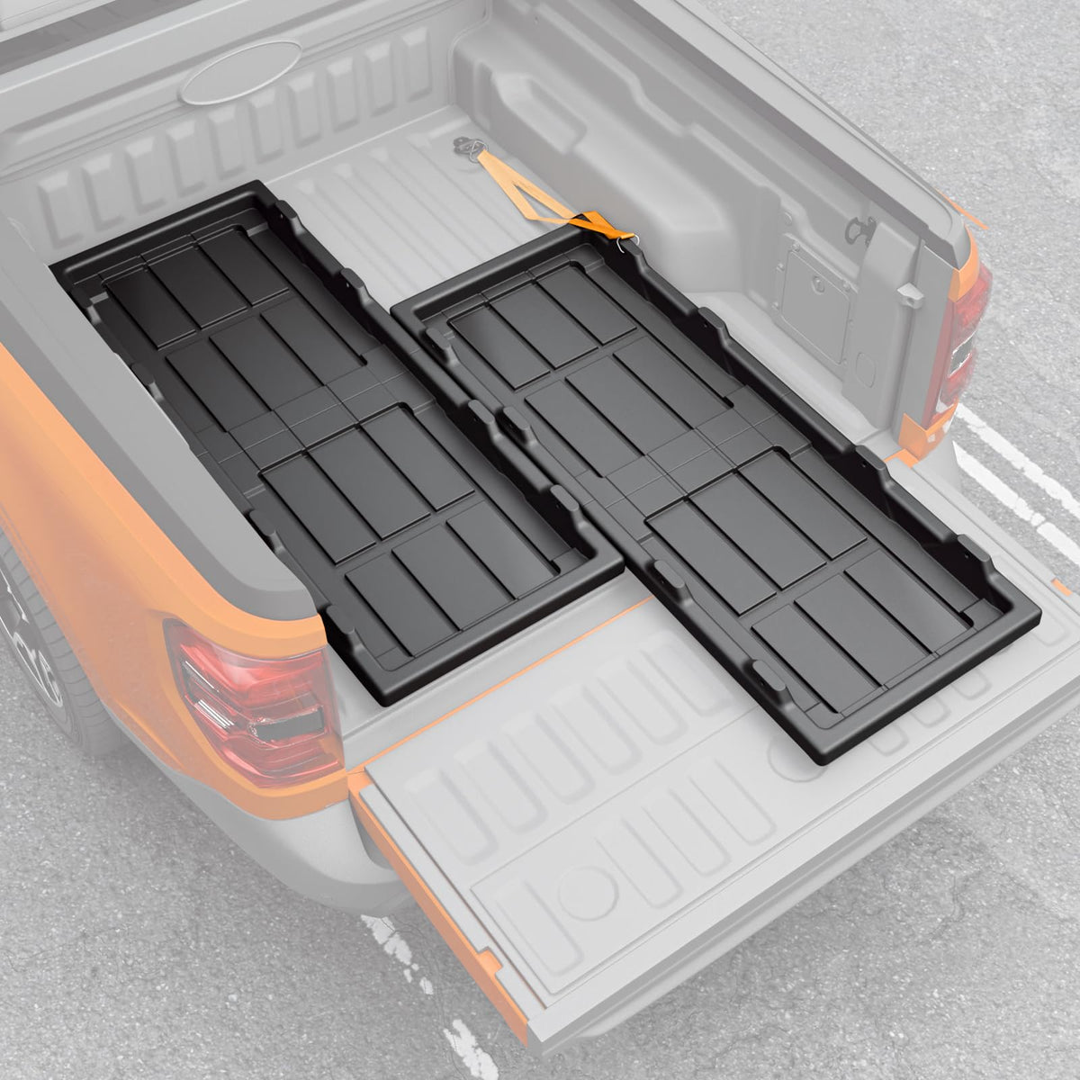 Maxzina slide-out cargo tray side view for Maverick bed organization and easy access.