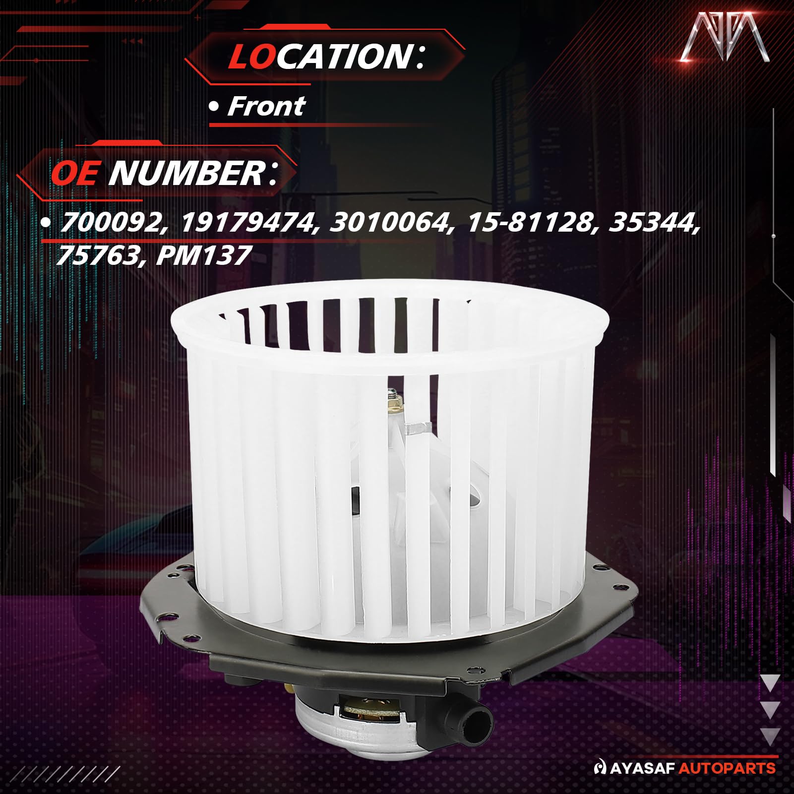 MAYASAF blower motor assembly packaging highlighting quality and fit.