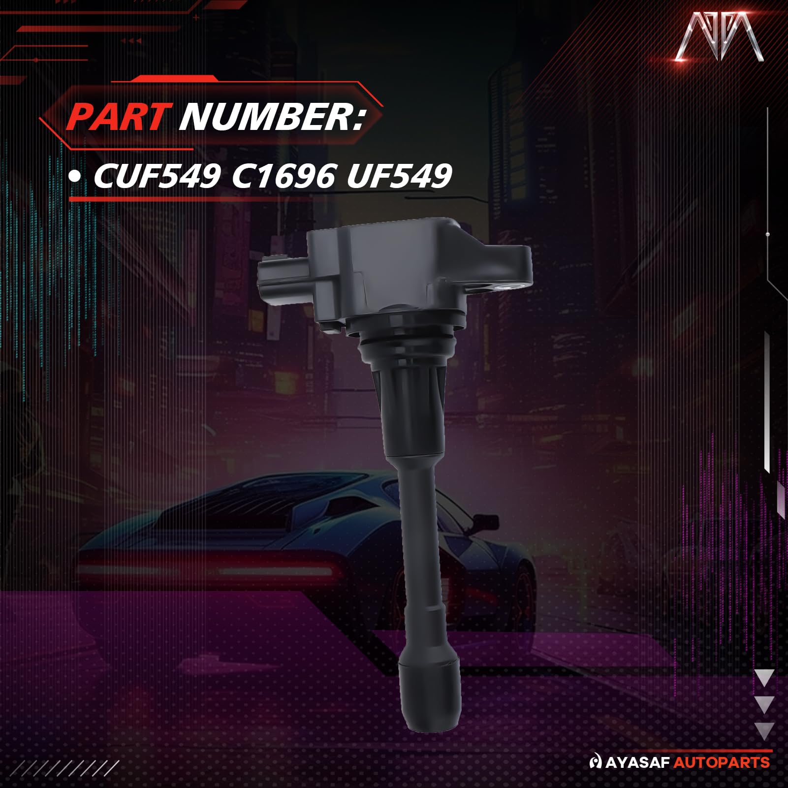 MAYASAF UF549 ignition coil assembled view demonstrates easy fitment for multiple Nissan models