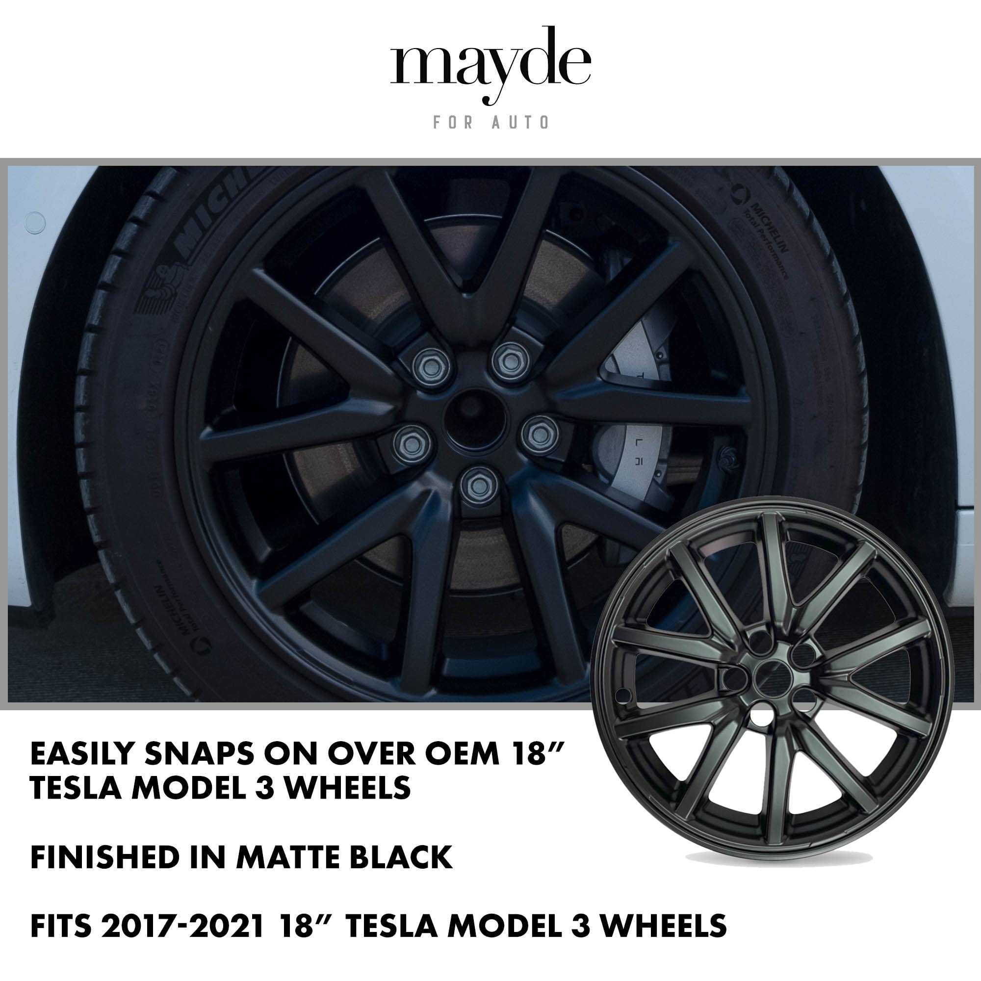 Mayde 18-inch Tesla wheel cover rear view protects hub area.
