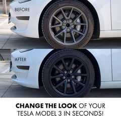 Mayde 18-inch Tesla wheel cover side-left view shows a sleek matte finish.