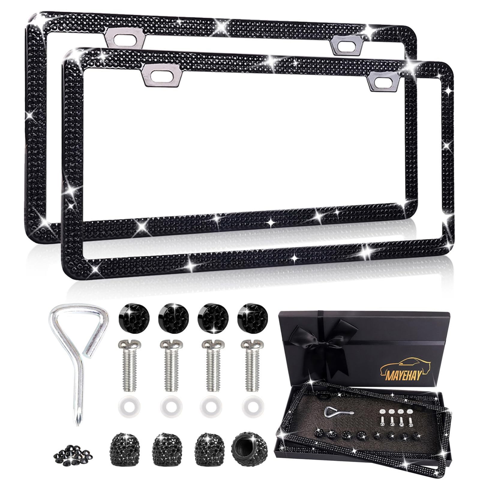 MAYEHAY rhinestone license plate frame close-up highlights glass diamonds and durability.