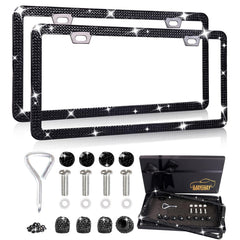MAYEHAY rhinestone license plate frame close-up highlights glass diamonds and durability.