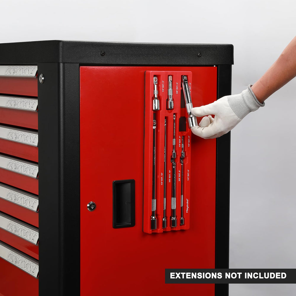 Magnetic base on a ferrous surface keeps the organizer steady for easy reach.