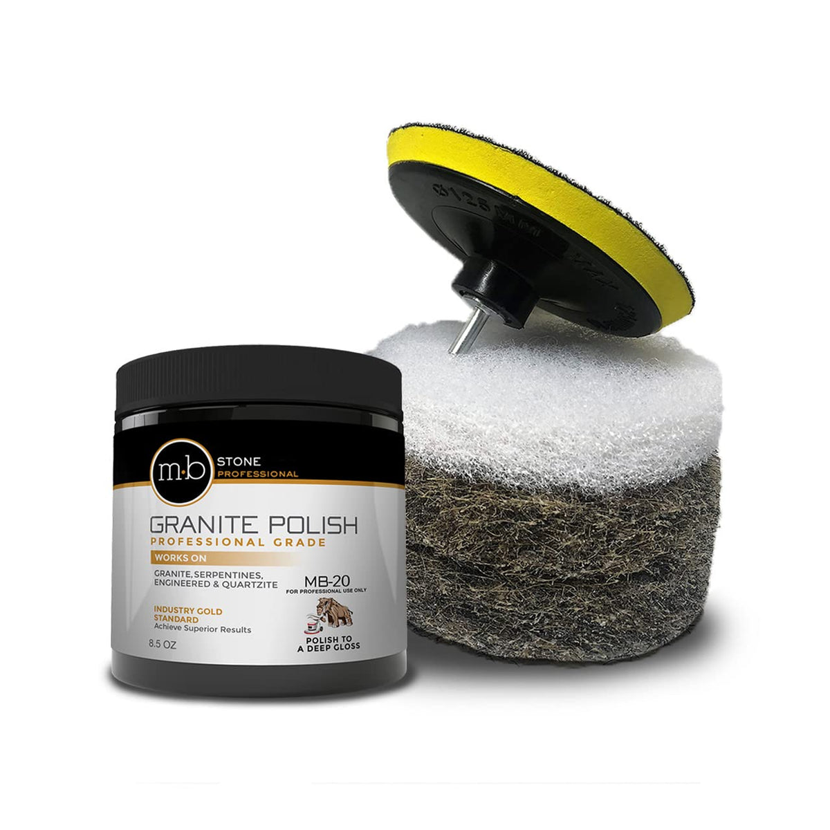 MB Stone Care MB-20 granite polishing cream jar for showroom-like shine on granite.