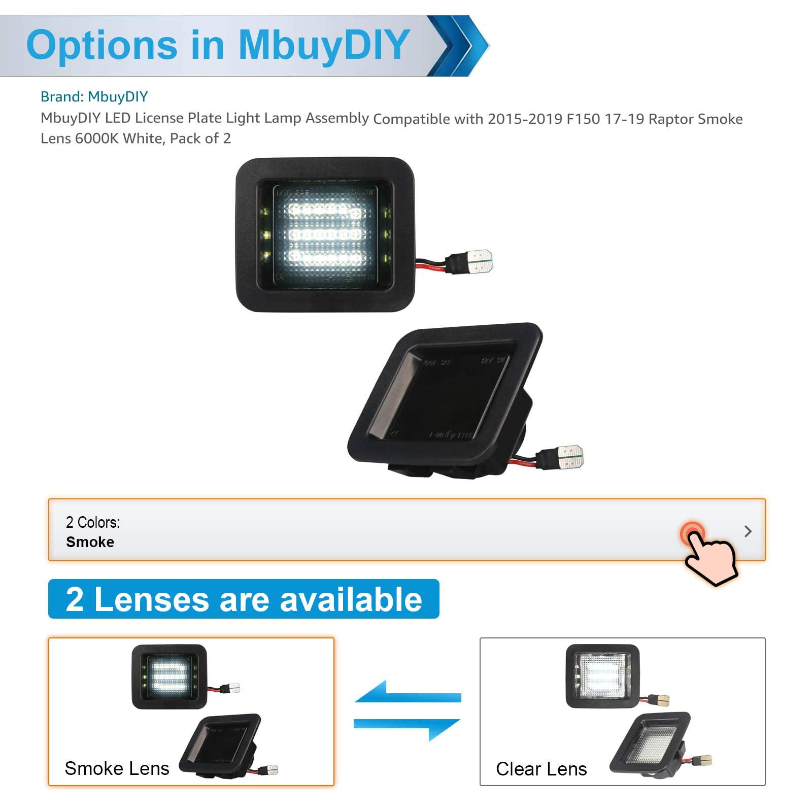 MbuyDIY LED license plate lights for Raptor boost rear visibility with a smoked lens.
