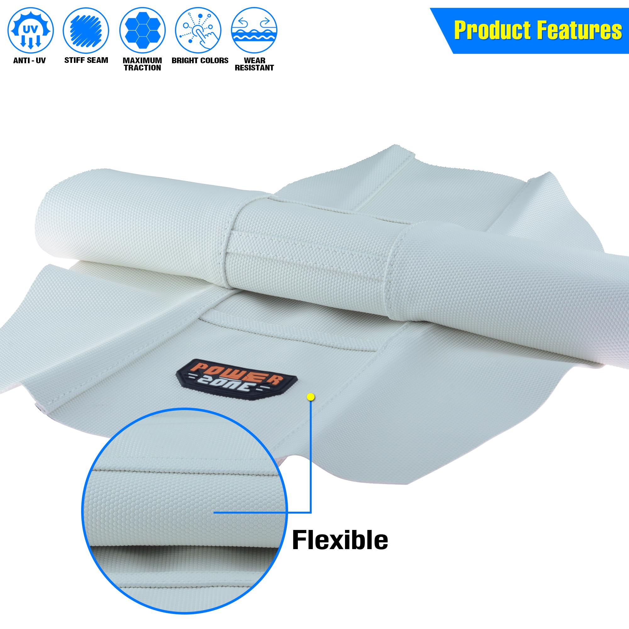 MCHMFG all-white seat cover resists fading and keeps a clean, unified look on your ride.