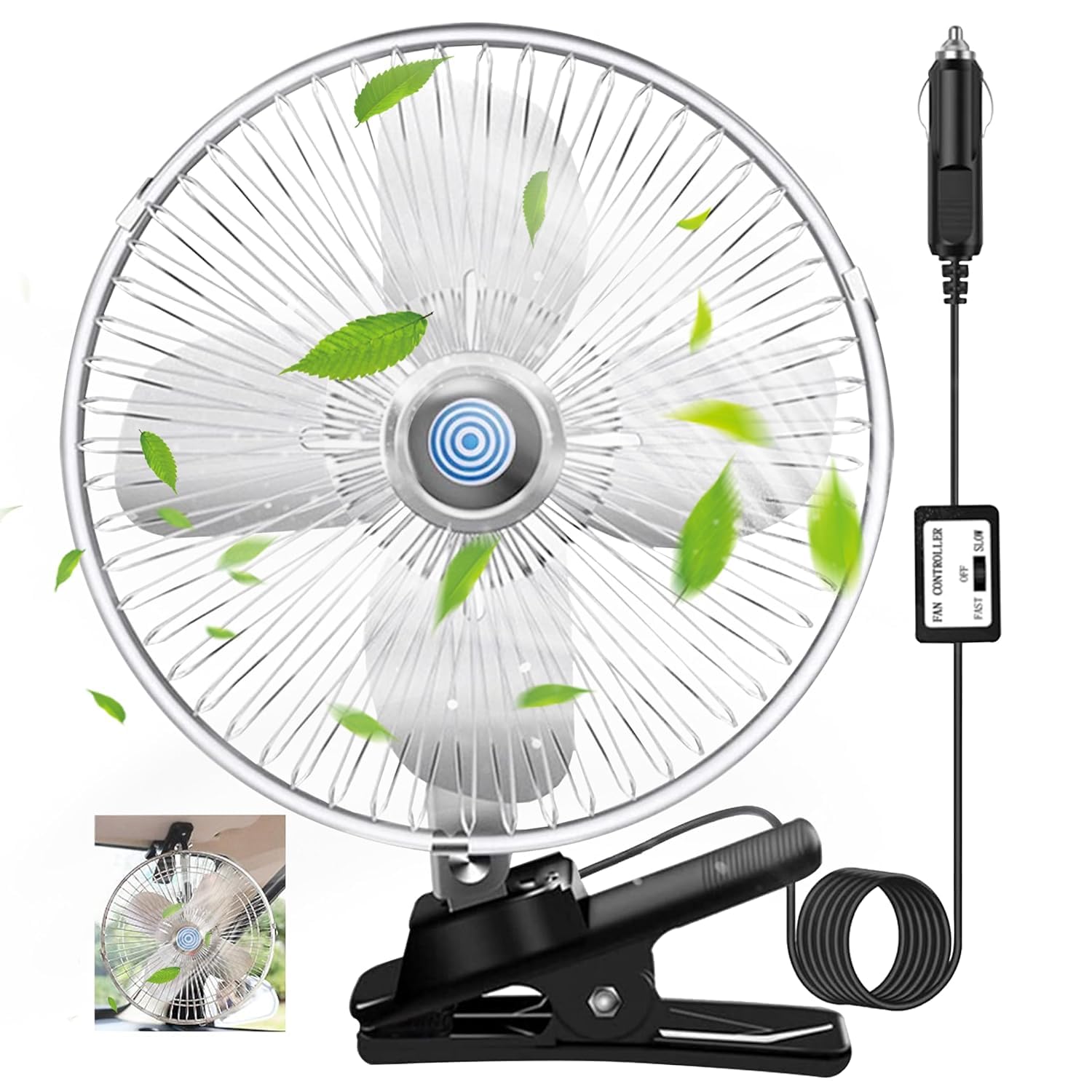 MCJAOHJG 10-inch silver clip-on fan front view showing durable metal blades for cooling.