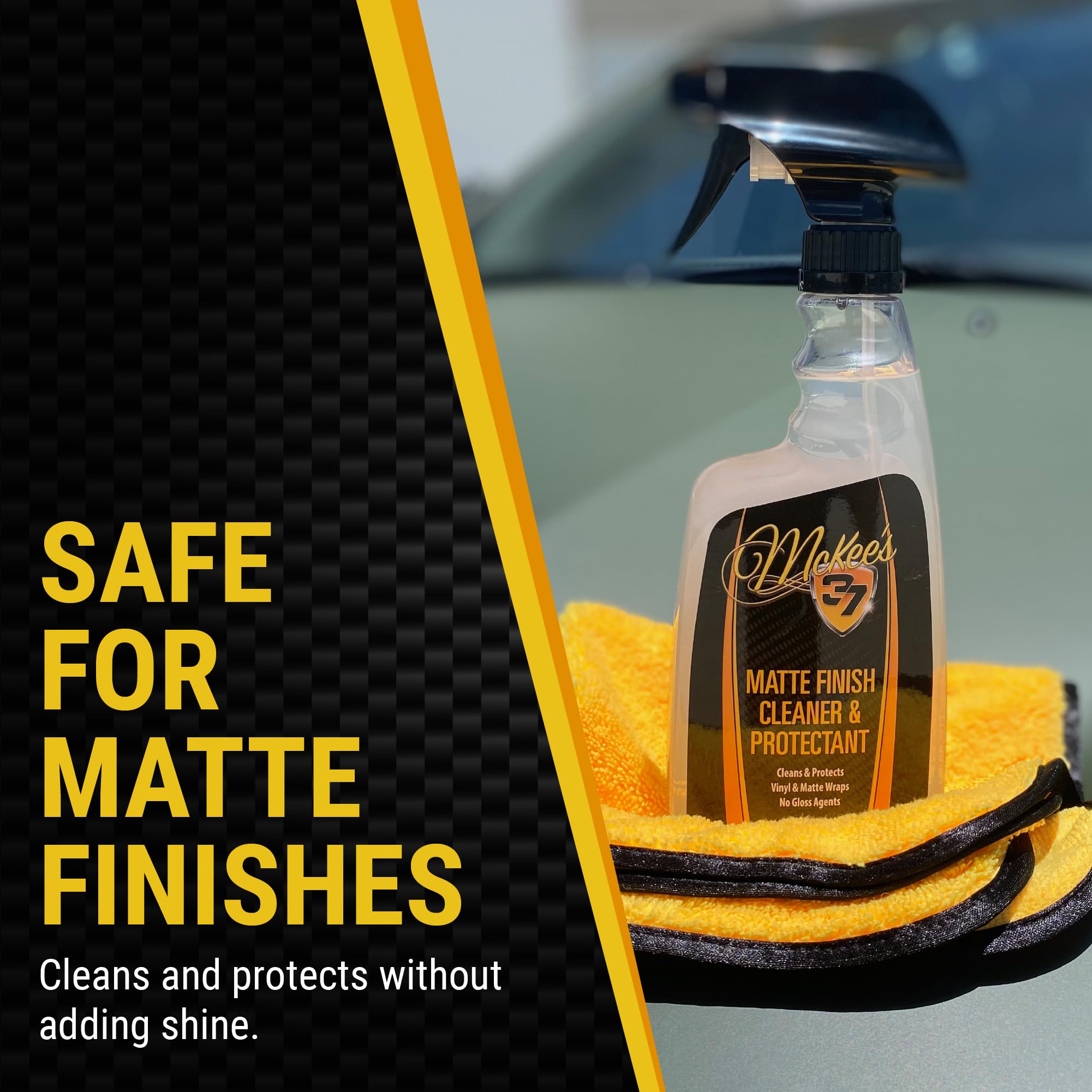 McKee's 37 matte finish cleaner spray action demonstrating even coverage on a vehicle surface.