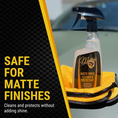 McKee's 37 matte finish cleaner spray action demonstrating even coverage on a vehicle surface.