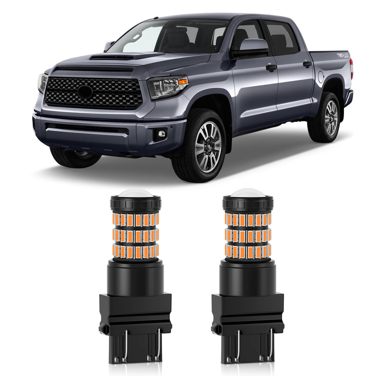 MEALAM Amber Yellow LED bulb with front projector for Toyota Tundra turn signals.