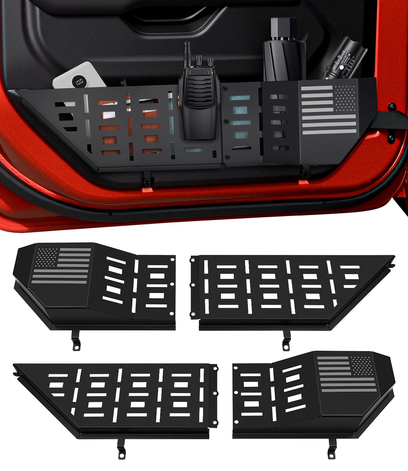 Mealam front door pocket for Wrangler JL adds water bottle storage and portable items.