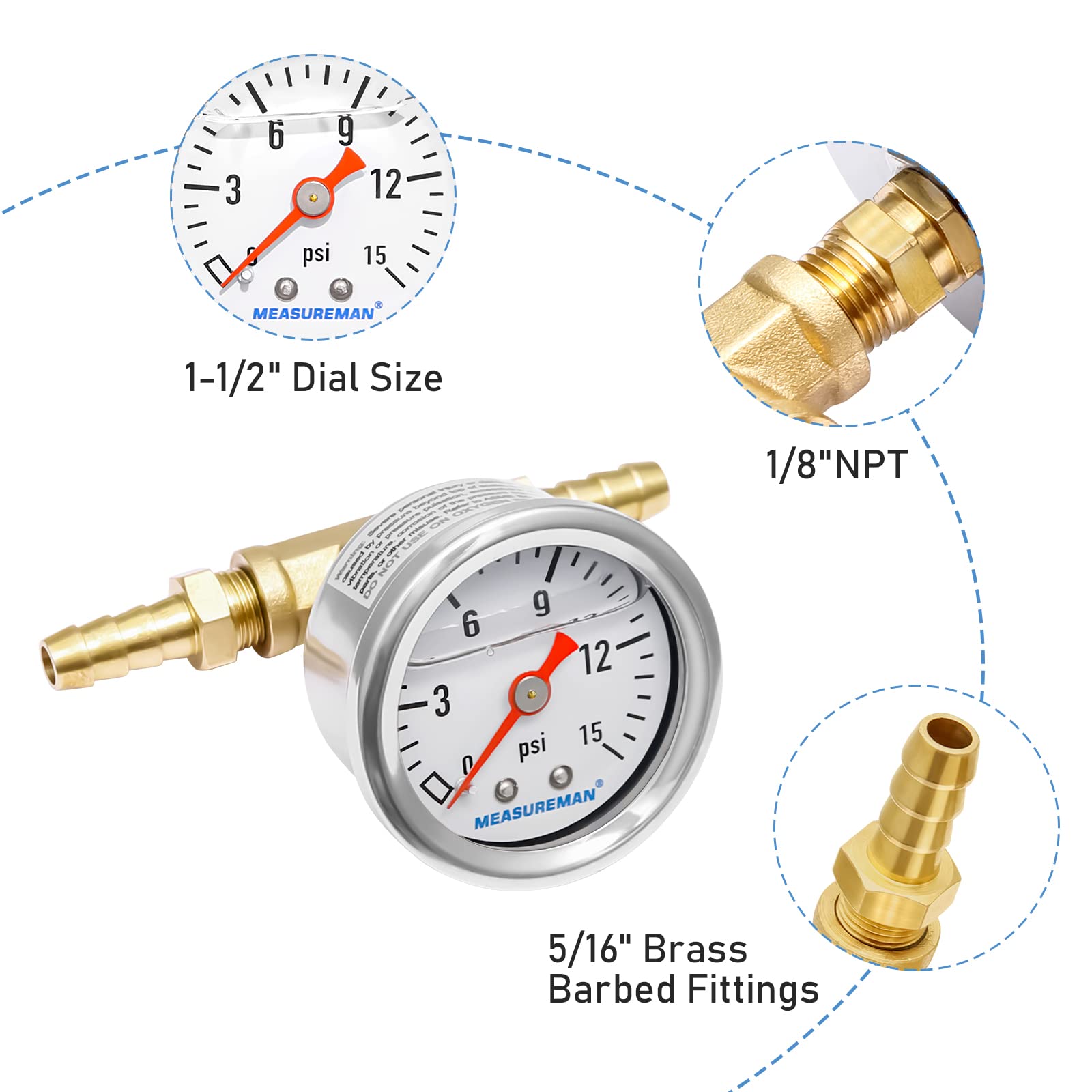 MEASUREMAN glycerin-filled gauge provides smooth needle movement and reduced vibration during readings.