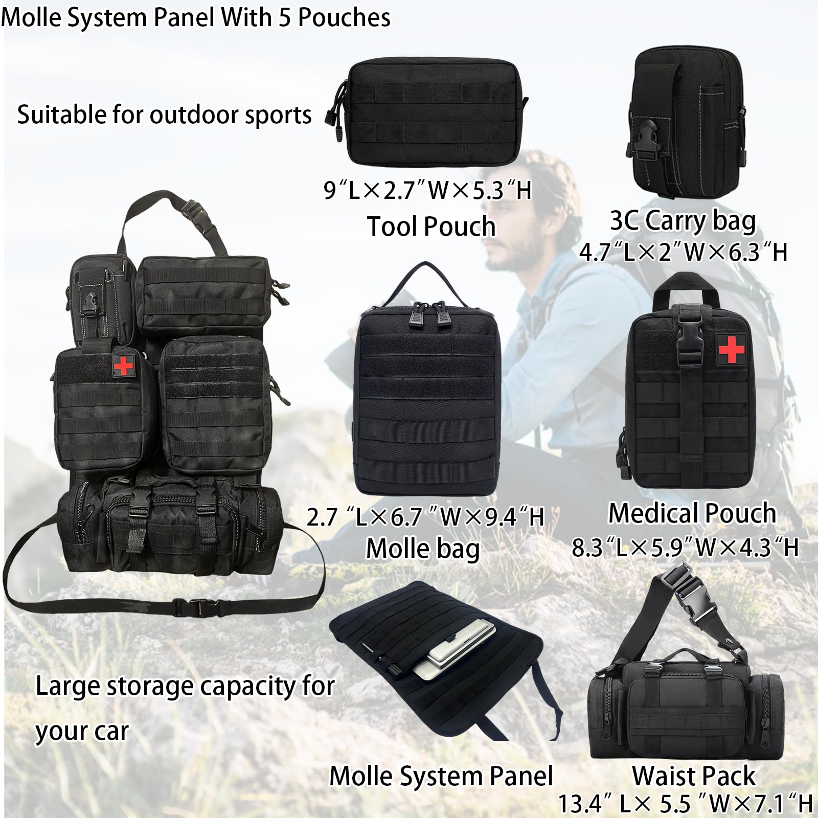 MEAUTELE tactical MOLLE bag close-up shows rugged nylon construction and durable pockets.