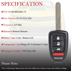 MechanMagic key fob remote for Honda Accord front view, fits 2013-2015.