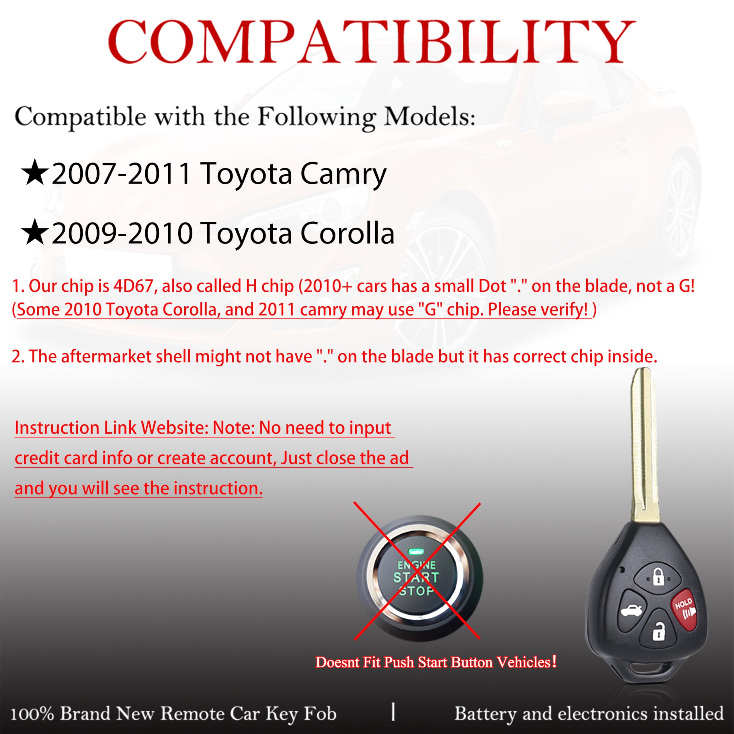 MechanMagic Toyota Camry fob, battery preinstalled, ready for immediate use