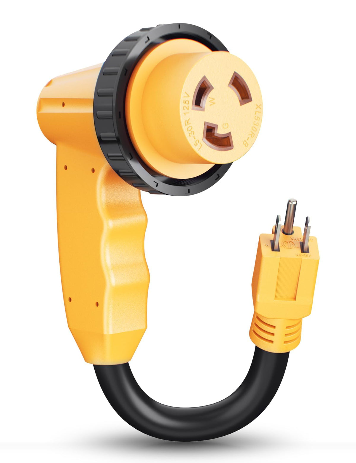 MECMO 30A to 110V RV adapter with locking connector for secure power connections.