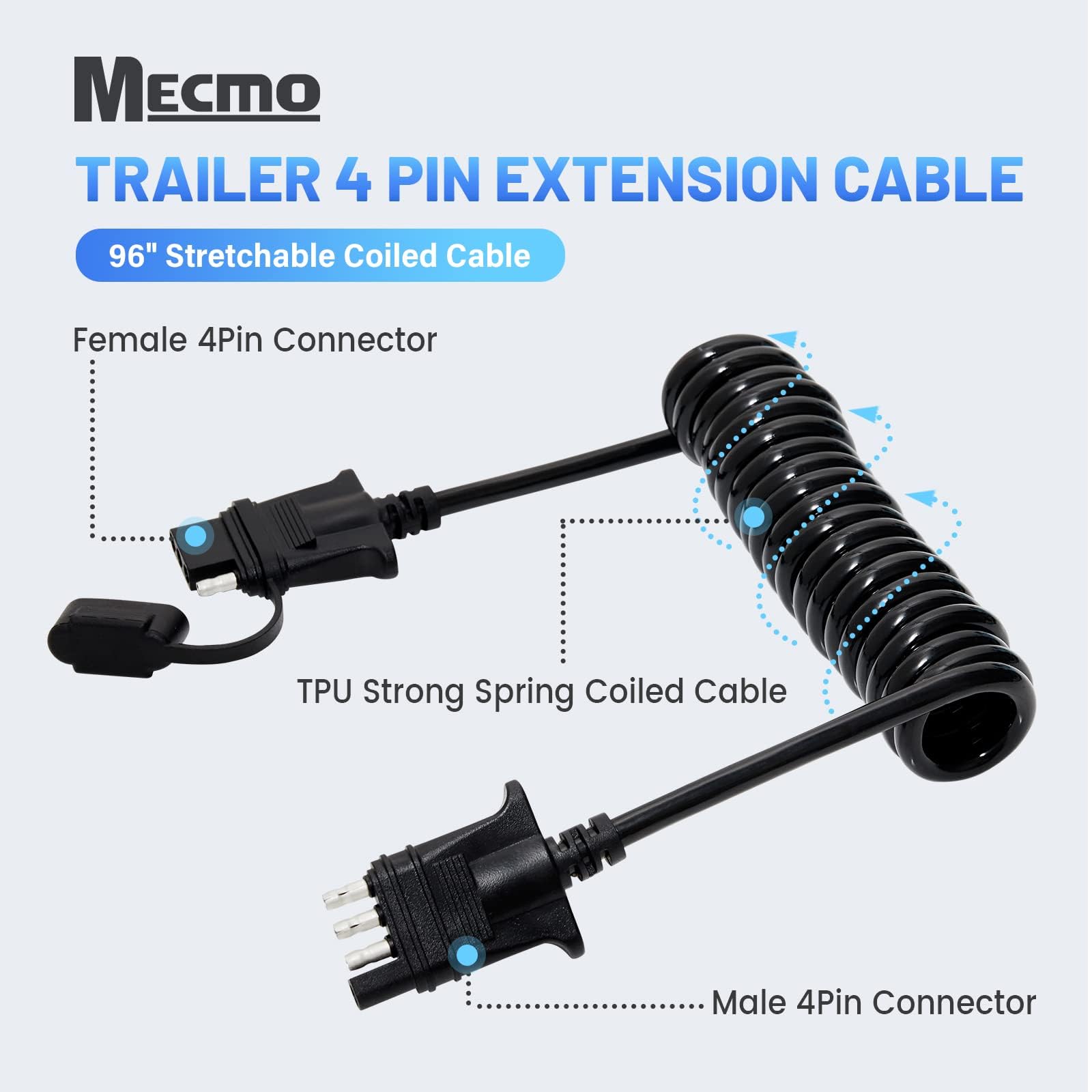 MECMO 4-pin flat trailer extension fits vehicle-side connectors on standard trailers.