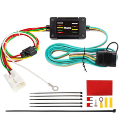 MECMO 4-pin trailer wiring harness installed on Subaru Forester for plug-and-play towing.