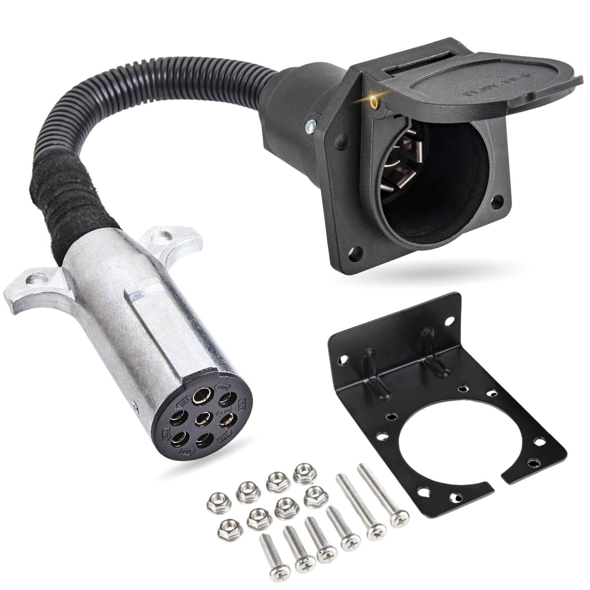 MECMO 7-pin round to 7-way flat adapter ready for tractor towing.