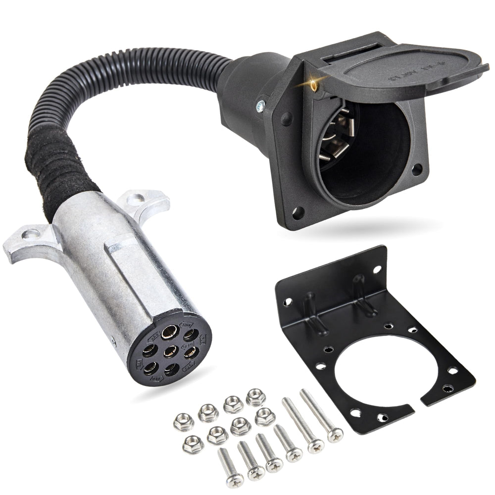 MECMO 7-pin round to 7-way flat adapter ready for tractor towing.