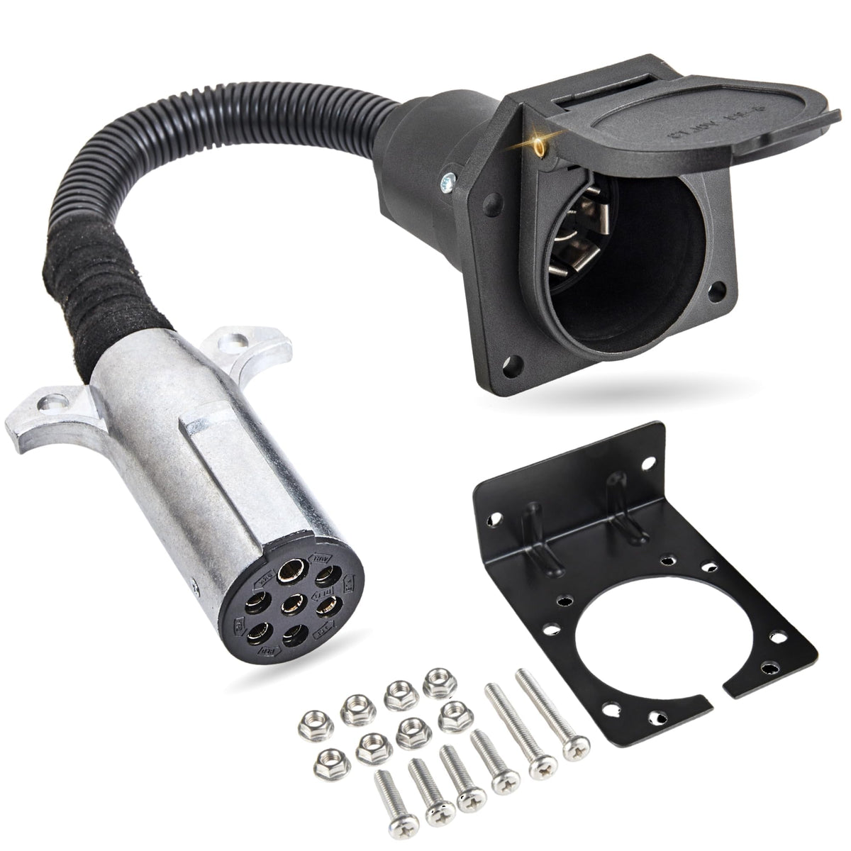 MECMO 7-pin round to 7-way flat adapter ready for tractor towing.