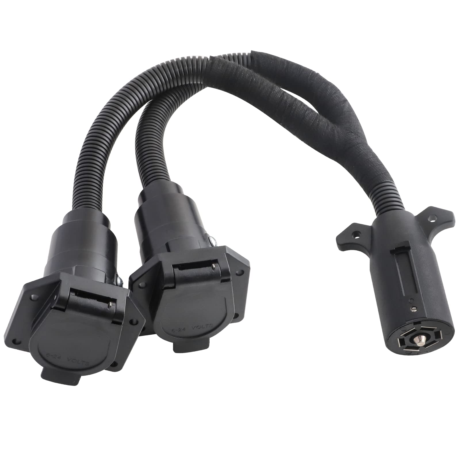 MECMO 7-Pin Y splitter with dual 7-way blades for camper and trailer.