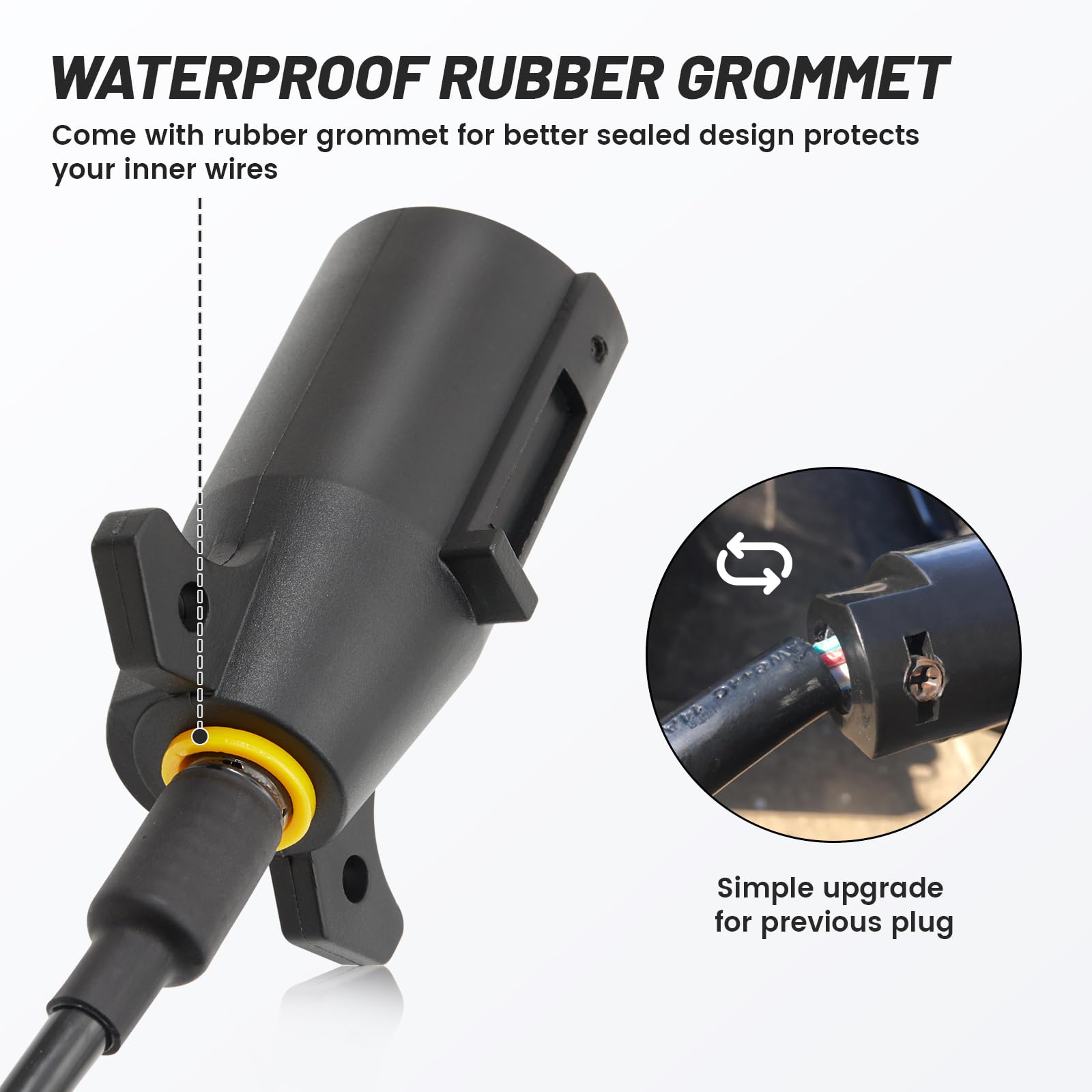 MECMO easy-grip 7-way trailer plug for quick connection and removal.