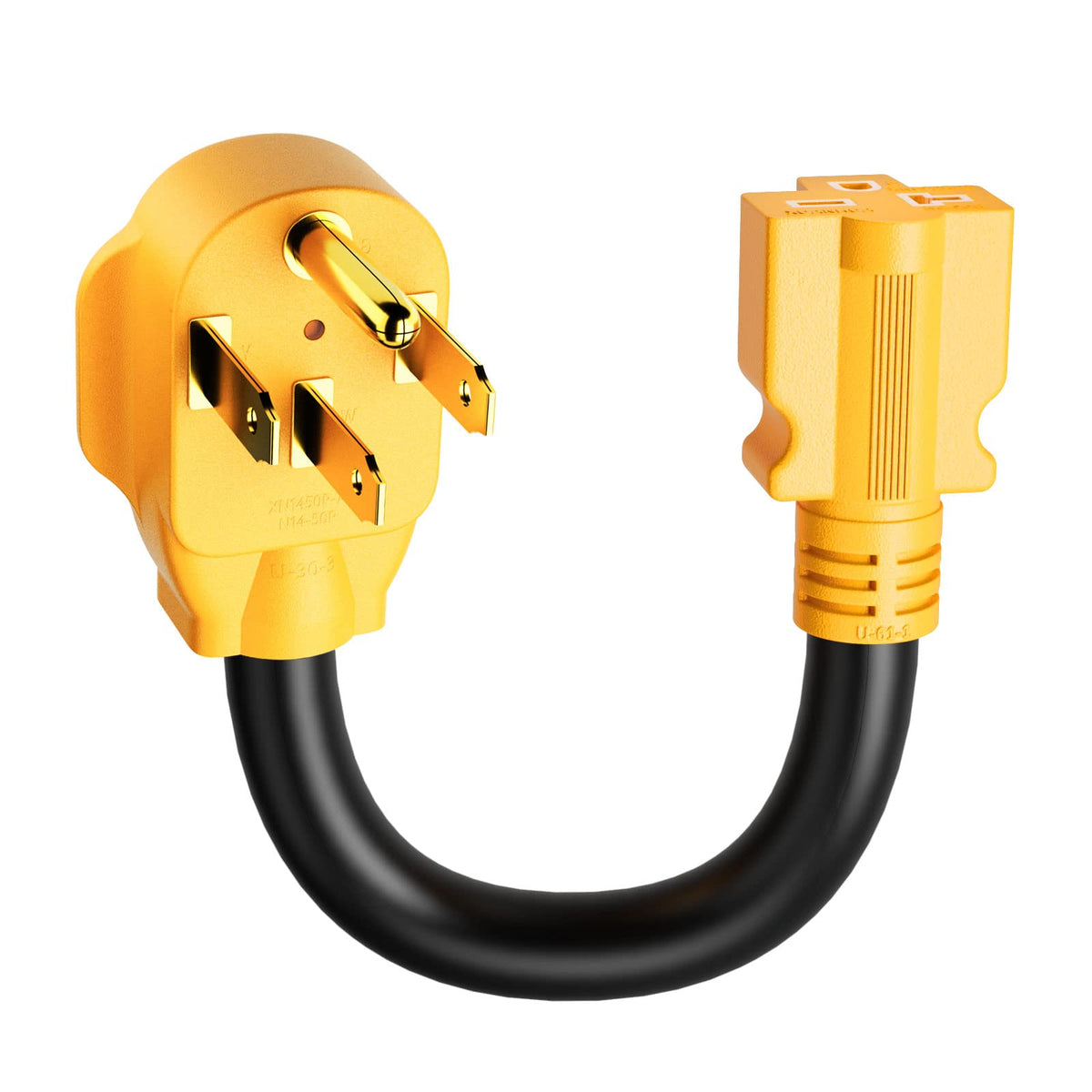 MECMO NEMA 14-50P to 6-20R adapter cord showing plug-ready connection for RV or EV charging