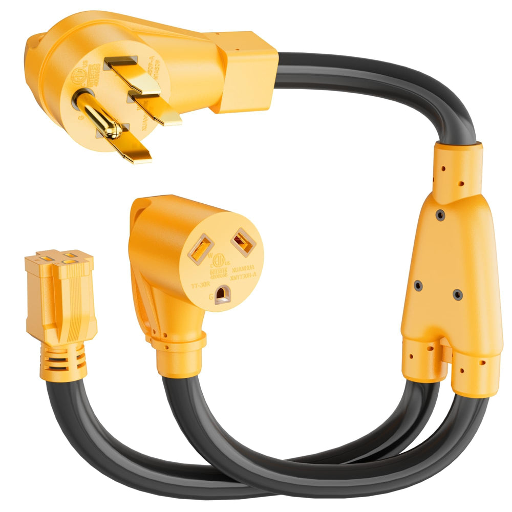 MECMO RV adapter front view showing 50A to 30A and 15A outputs for campgrounds