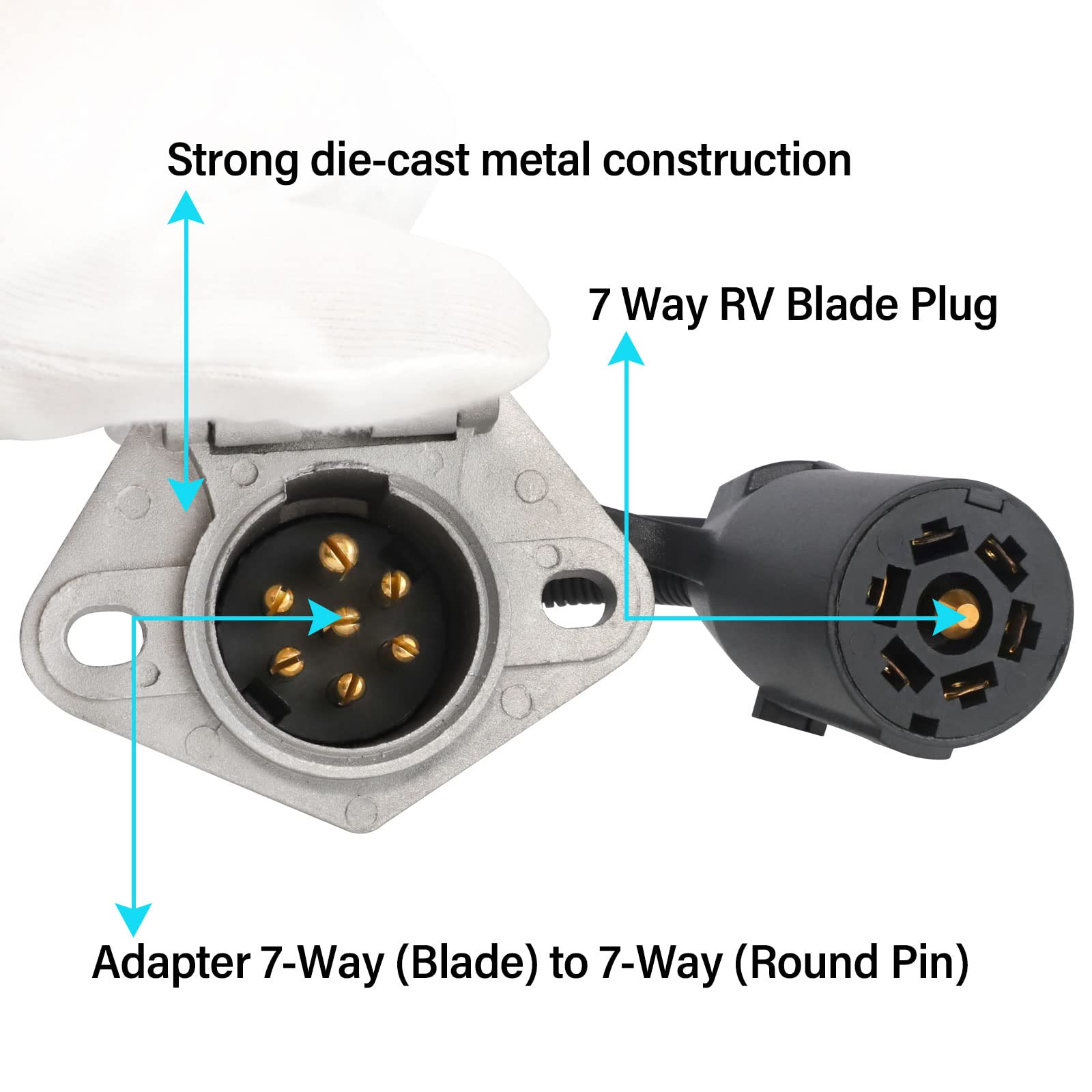 MECMO seven-way RV blade to round adapter, close-up, showcasing solid build details.