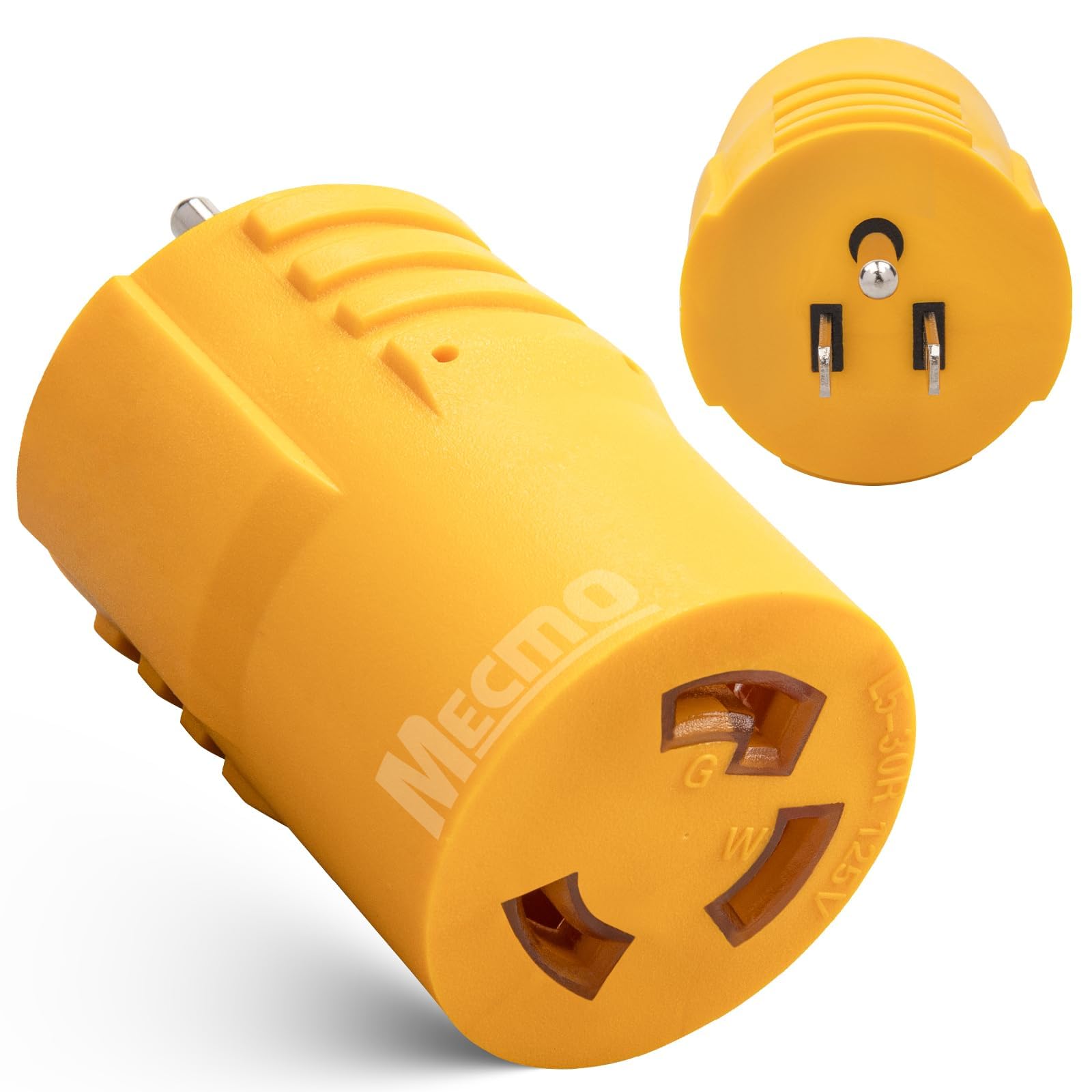 MECMO twist-lock adapter front view showing L5-30R compatibility for RVs
